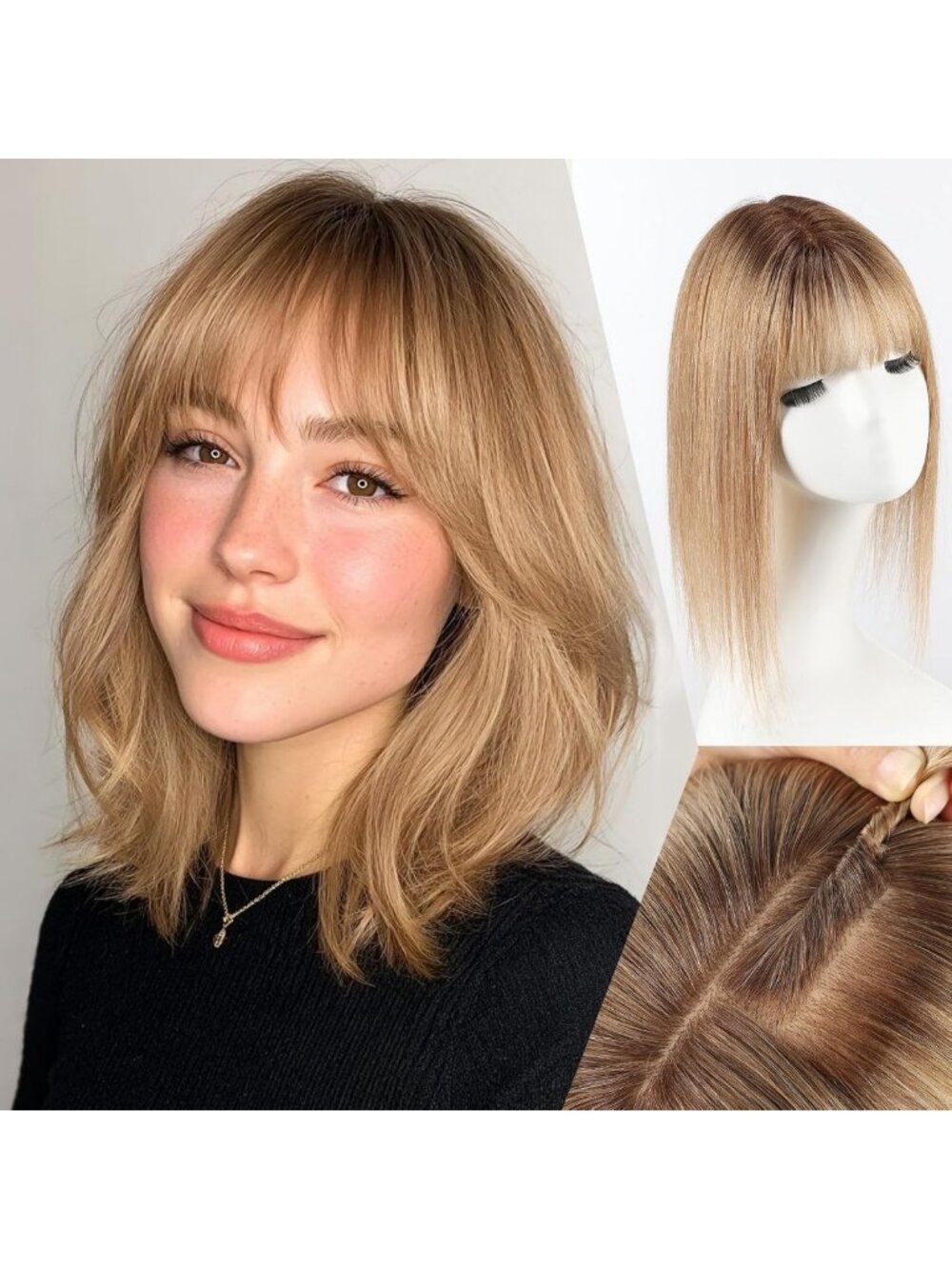 12 Inch Human Hair Toppers for Women Ombre Light Brown Hair Topper with Bangs